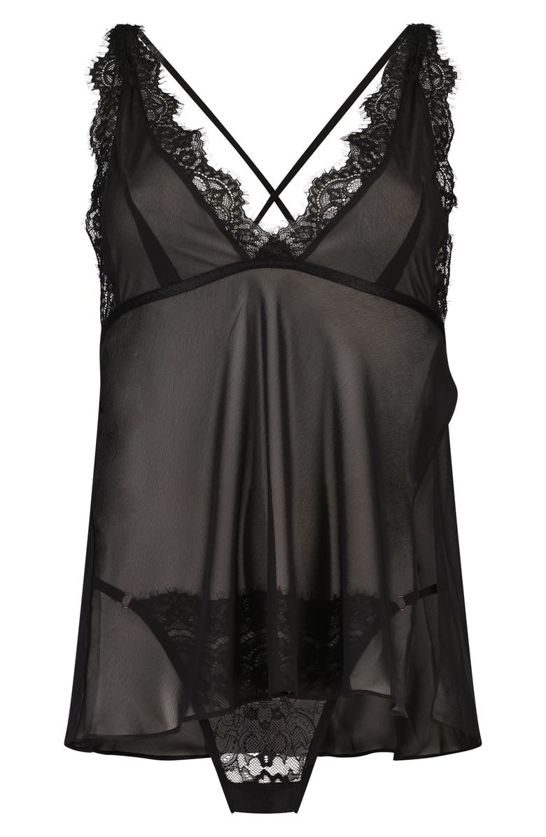 Hunkemöller Deep V Chiffon Babydoll Chemise & Thong Set, Alternate, color, 