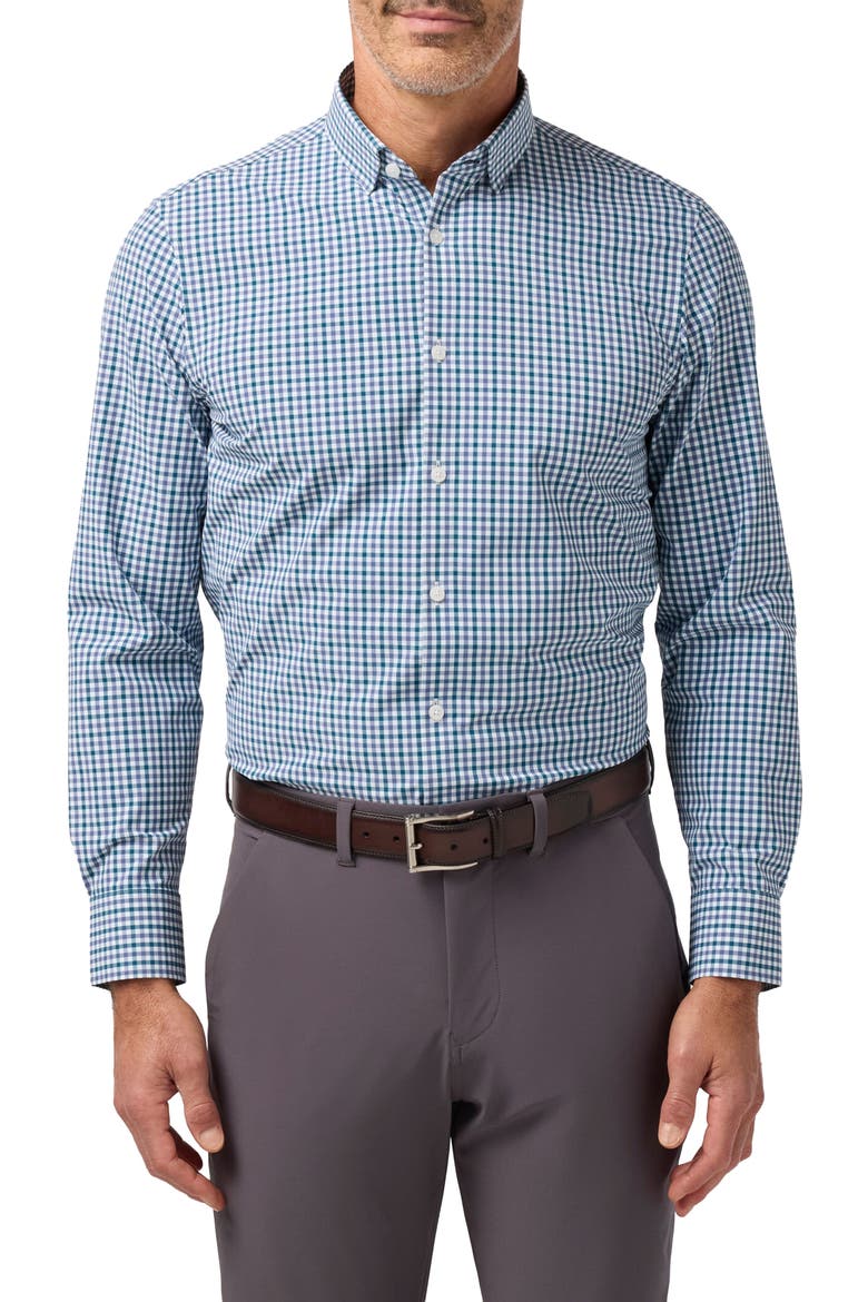 Leeward Trim Fit Performance Button-Up Shirt, Main, color, DARK TEAL HUDSON PLAID