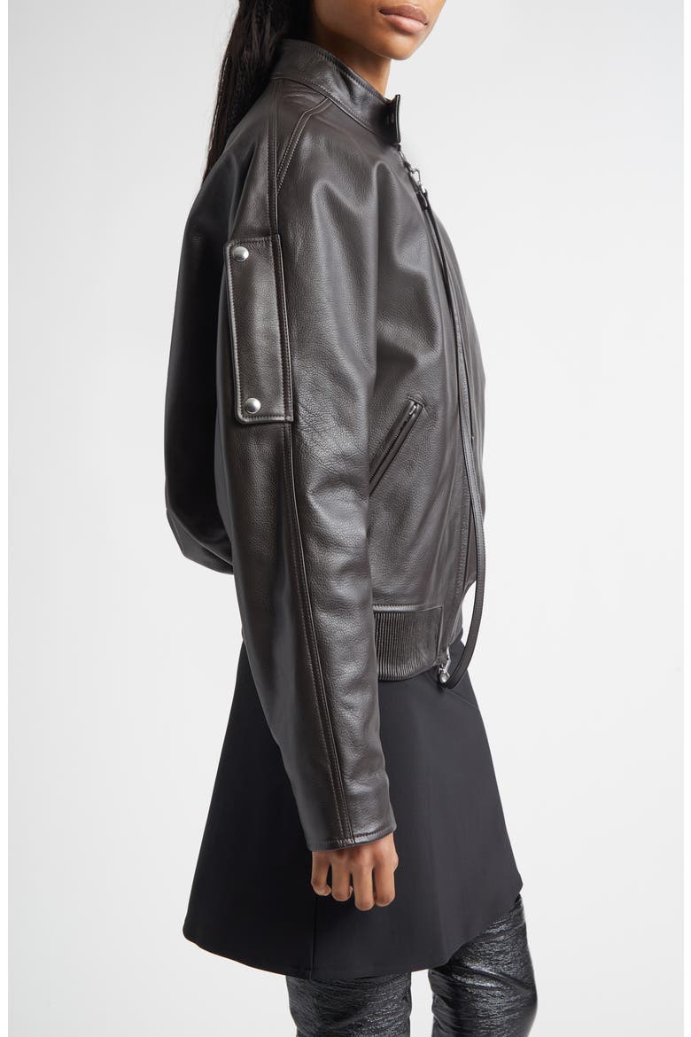 Embroidered Leather Bomber Jacket, Alternate, color, DARK BROWN