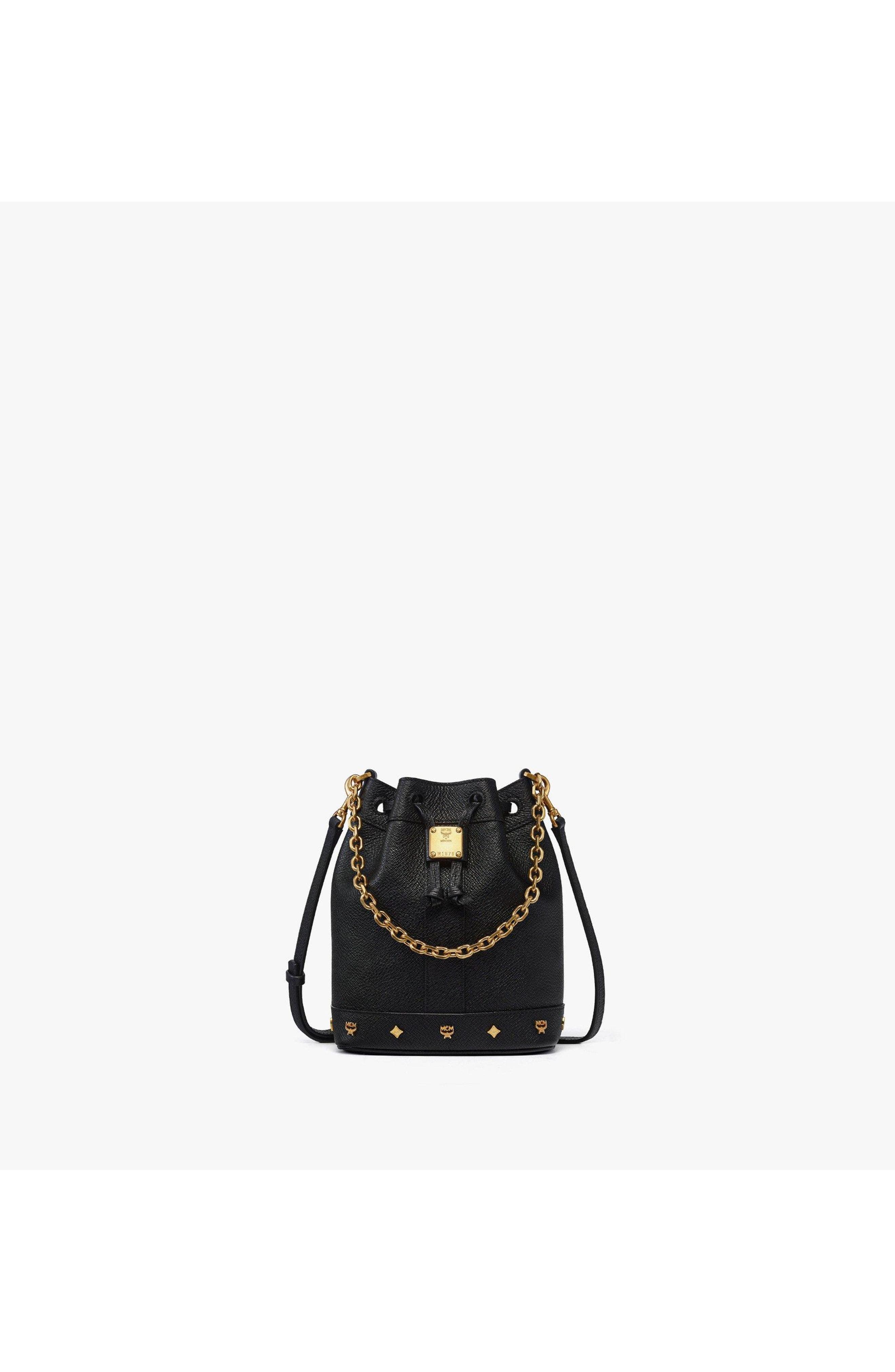 Mini Pina Drawstring Bag in Studded Calfskin, Main, color, Black