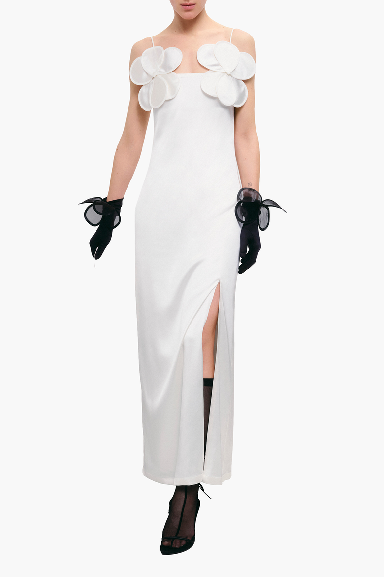 Long-Silhouette Sheath Dress With Delicate Straps and Floral Appliques, Alternate, color, Ivory
