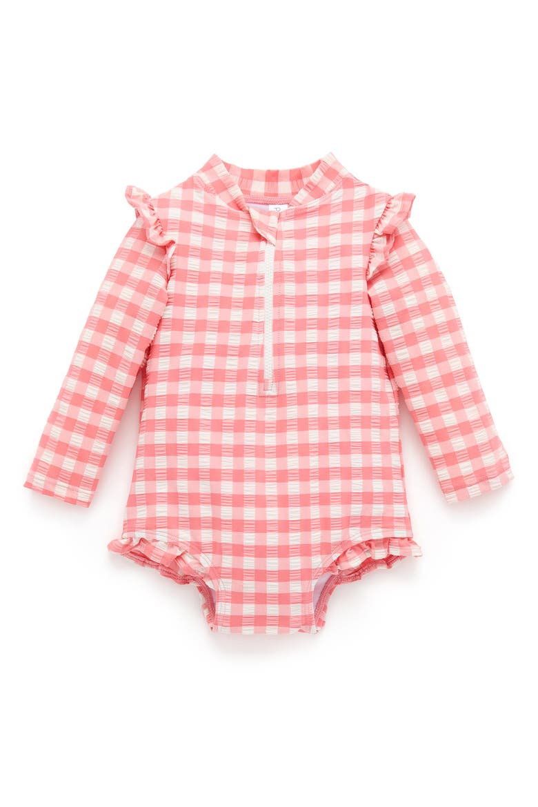 Printed Frilly Longsleeve Swimsuit, Main, color, Pomegranate Gingham