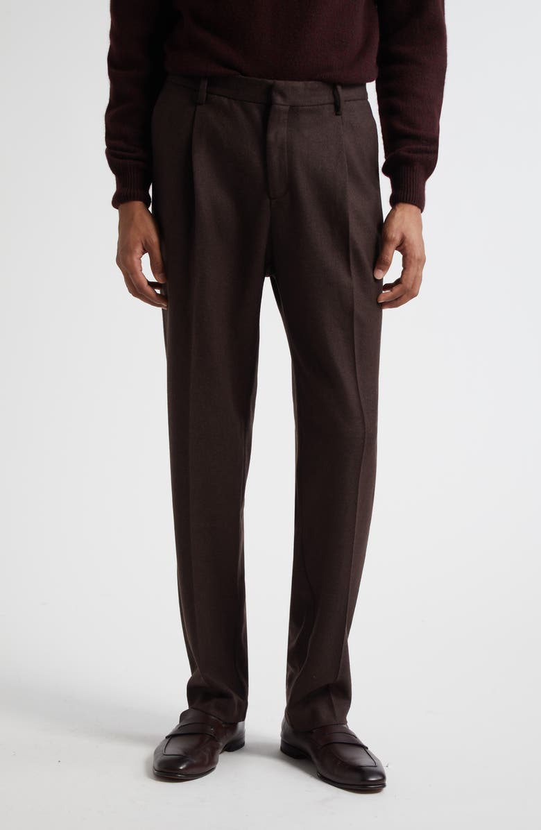 Sunspel Pleated Boiled Wool Trousers, Main, color, Truffle