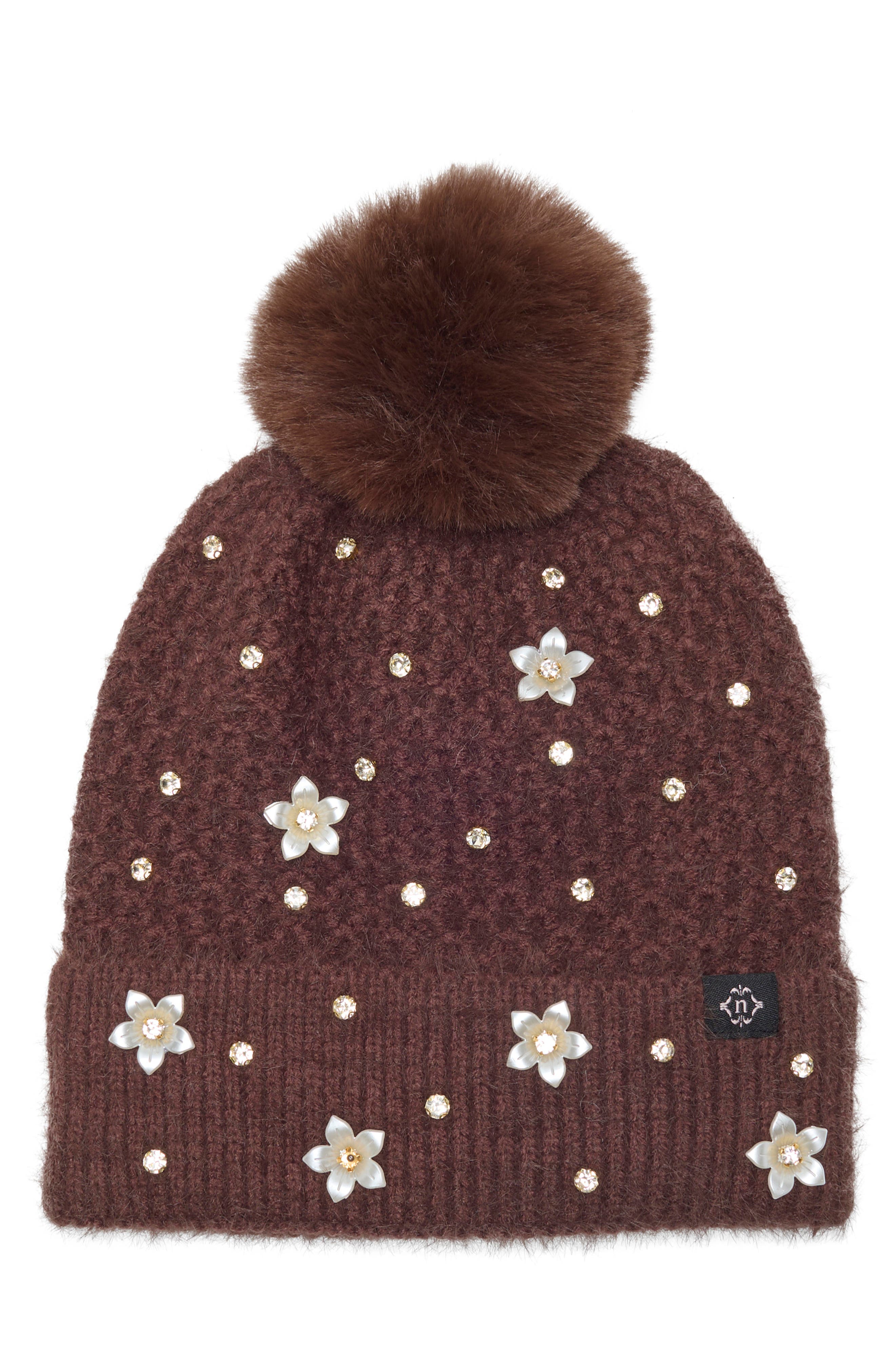 Star & Floral Studded Pom Beanie