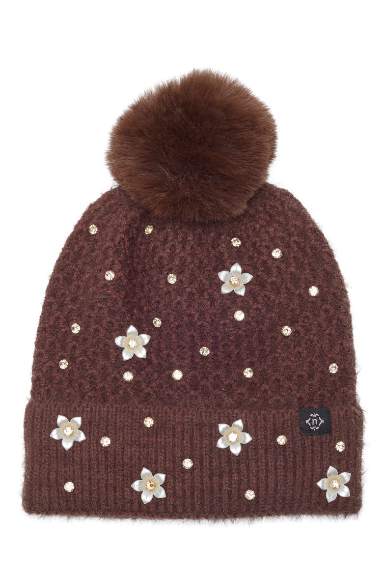 Star & Floral Studded Pom Beanie, Main, color, CHOCOLATE