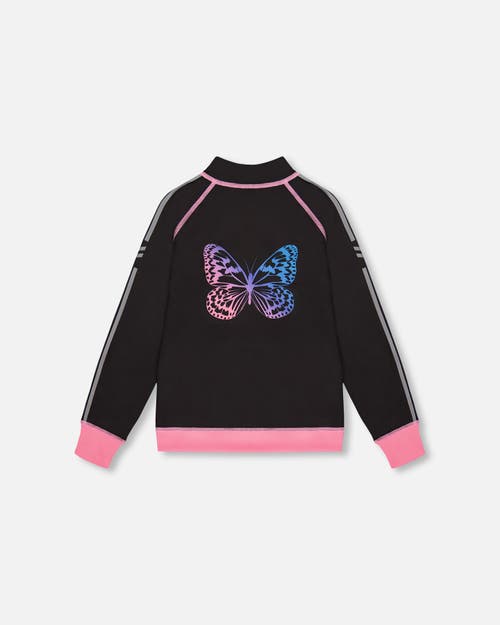 Deux Par Deux Little Girl's Printed Reversible Full Zip Athletic Cardigan Pink, Blue And Butterflies In Pink, Blue And Butterflies