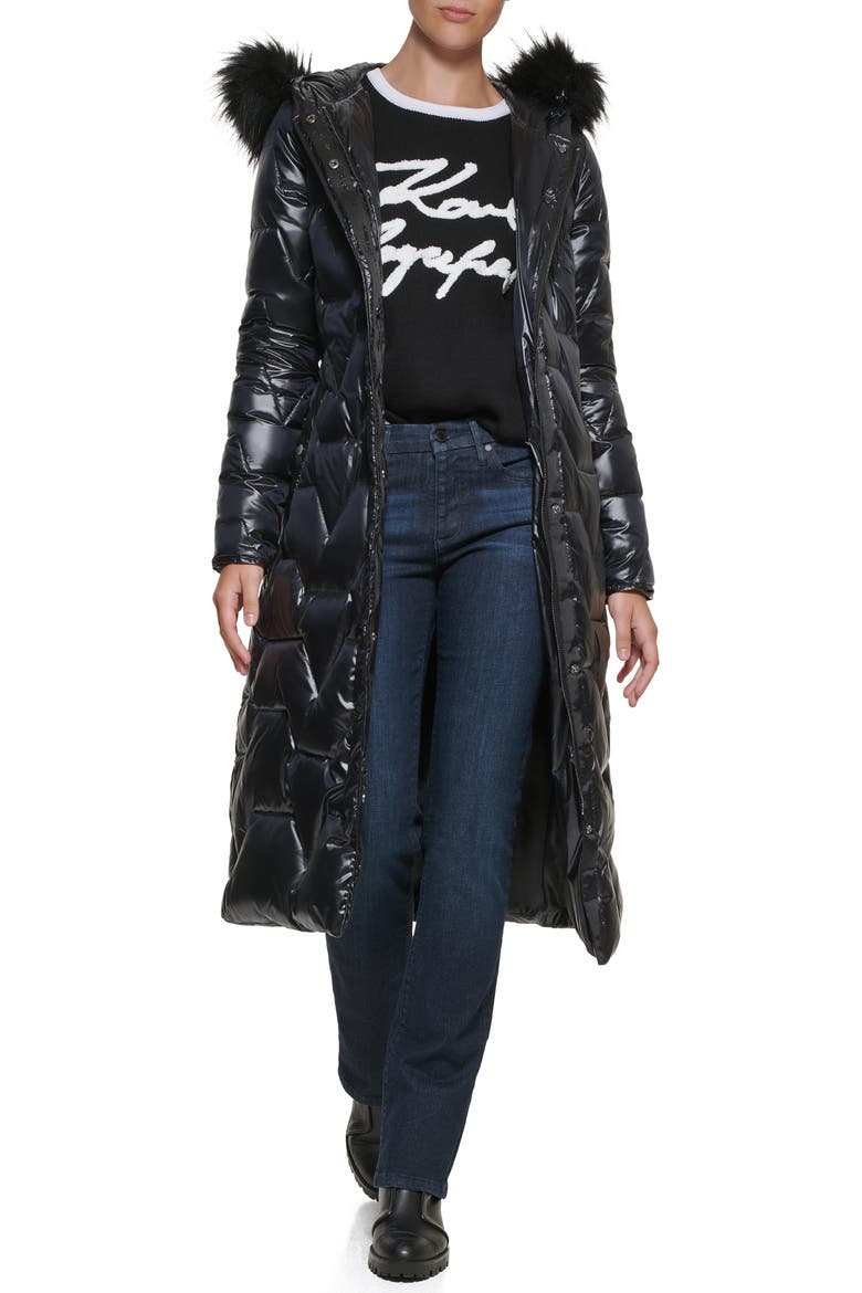 Zigzag Faux Fur Trim Water Resistant Coat, Alternate, color, BLACK