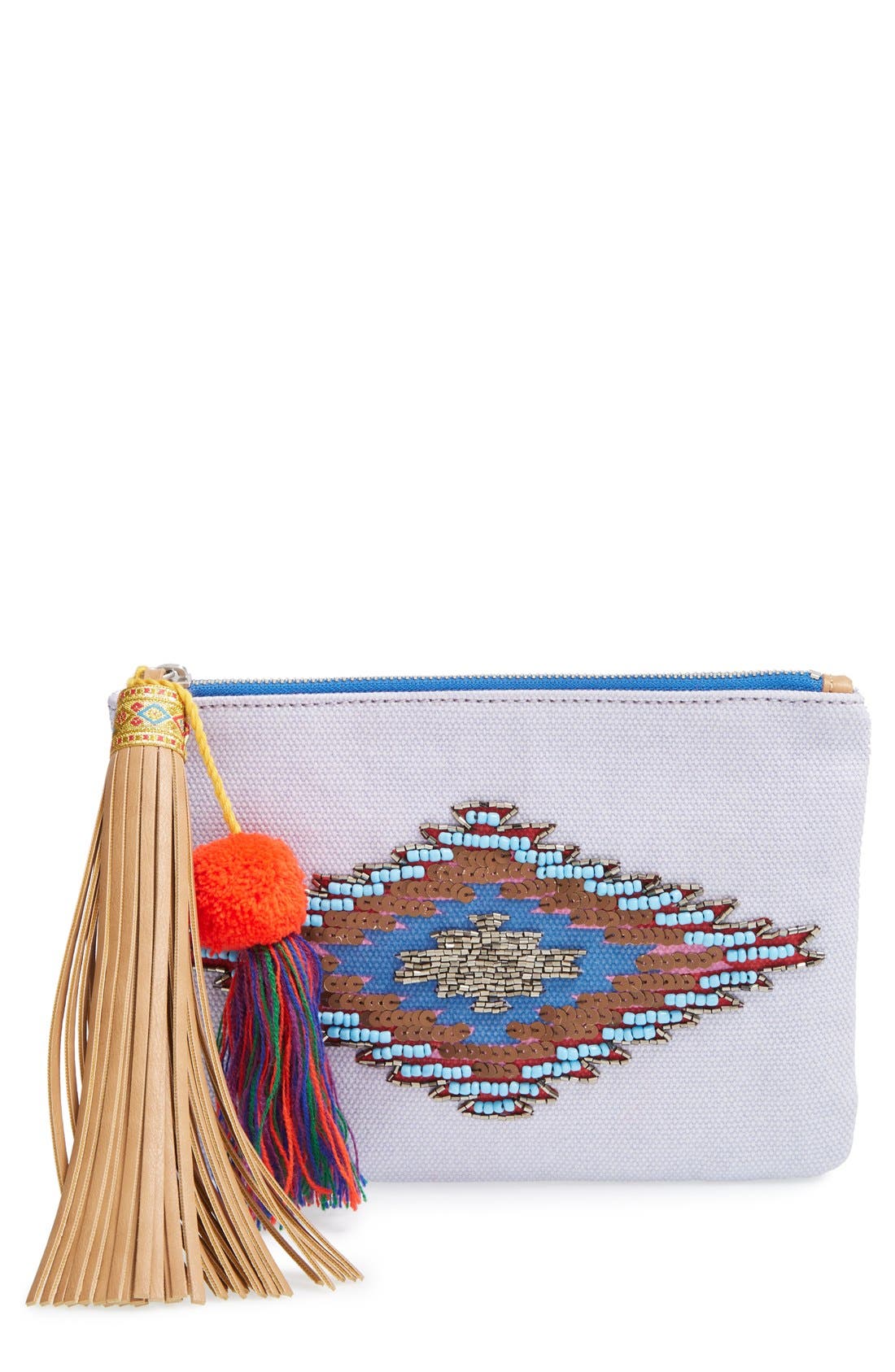 'Carine' Tassel Zip Clutch, Main, color, BLUE