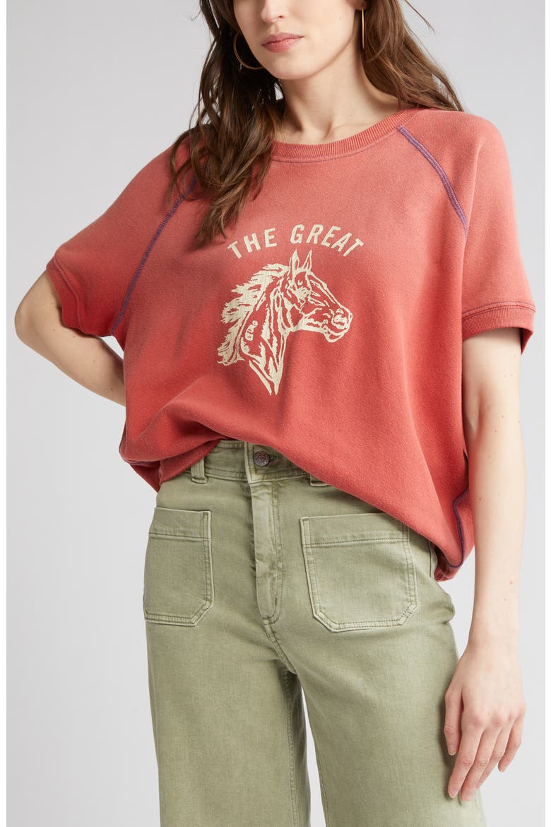 Bronco Short Sleeve Cotton Graphic Sweatshirt, Alternate, color, DOUBLE WASHED RED