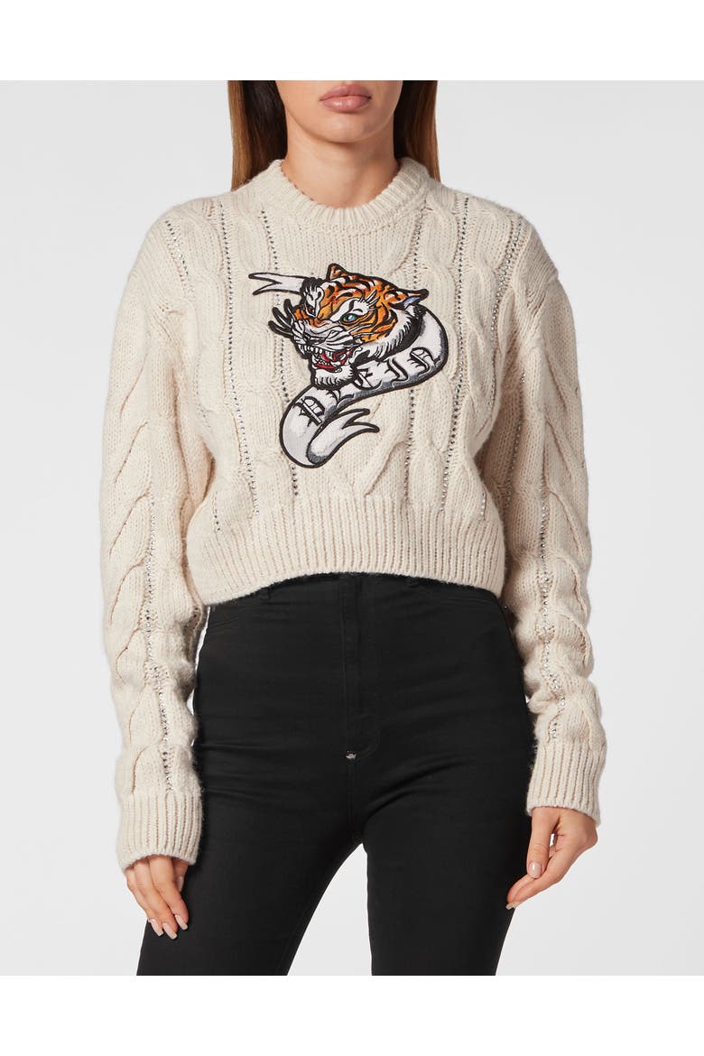 Pullover Round Neck Tattoo Women, Main, color, white
