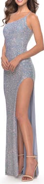 La Femme Elegant Soft Sequin One Shoulder Long Dress
