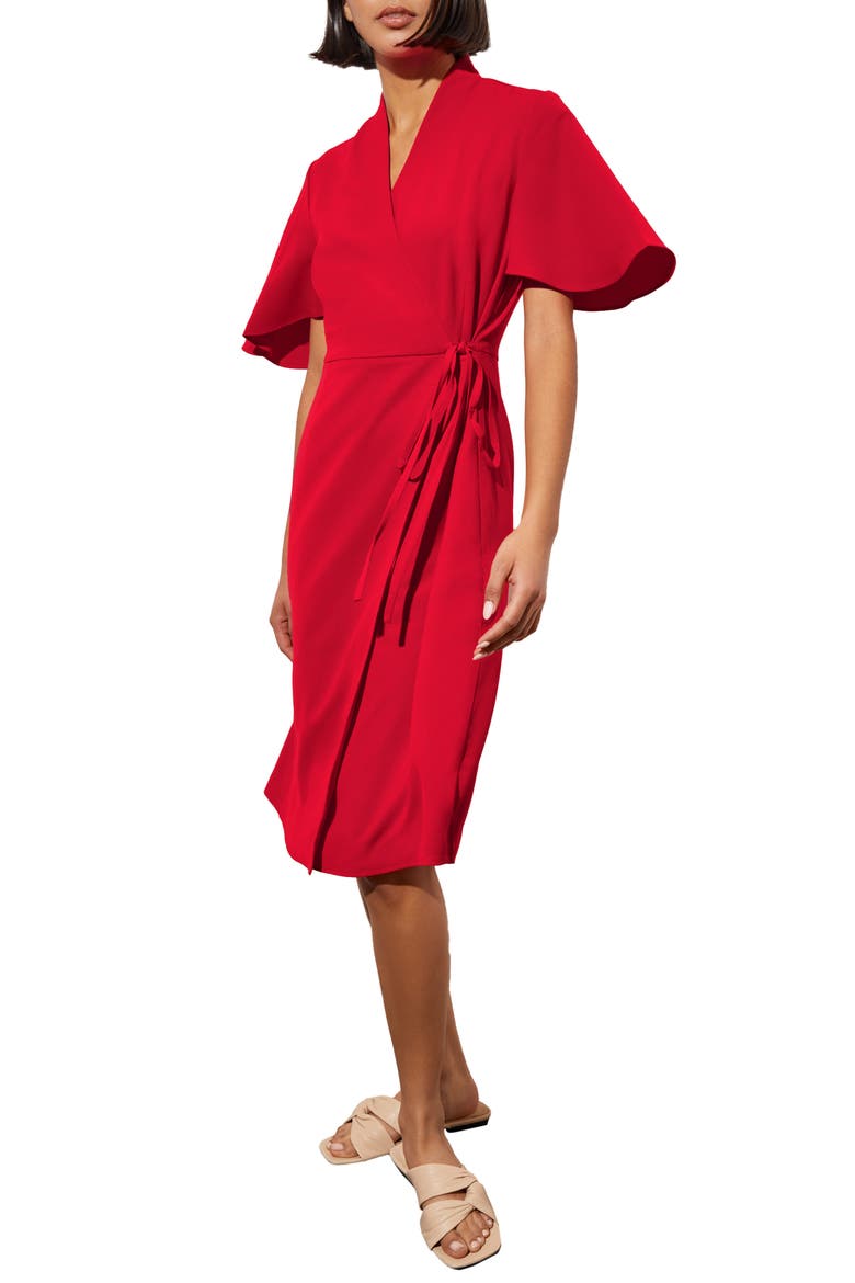 Butterfly Sleeve Crêpe de Chine Wrap Dress, Alternate, color, POPPY RED