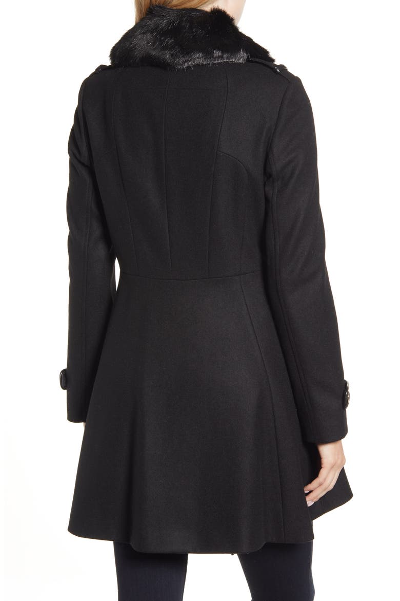 Double Breasted Fit & Flare Coat with Faux Fur Collar, Alternate, color, BLACK
