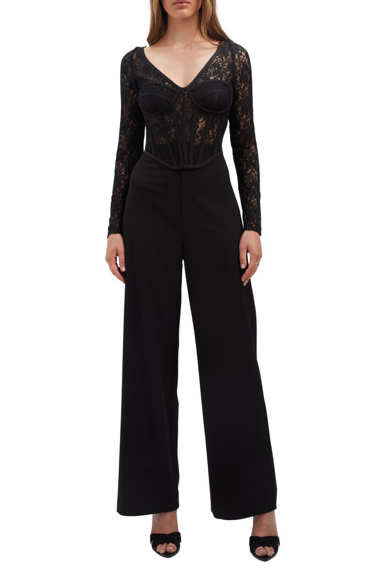 Lace Long Sleeve Corset Crop Top, Alternate, color, BLACK