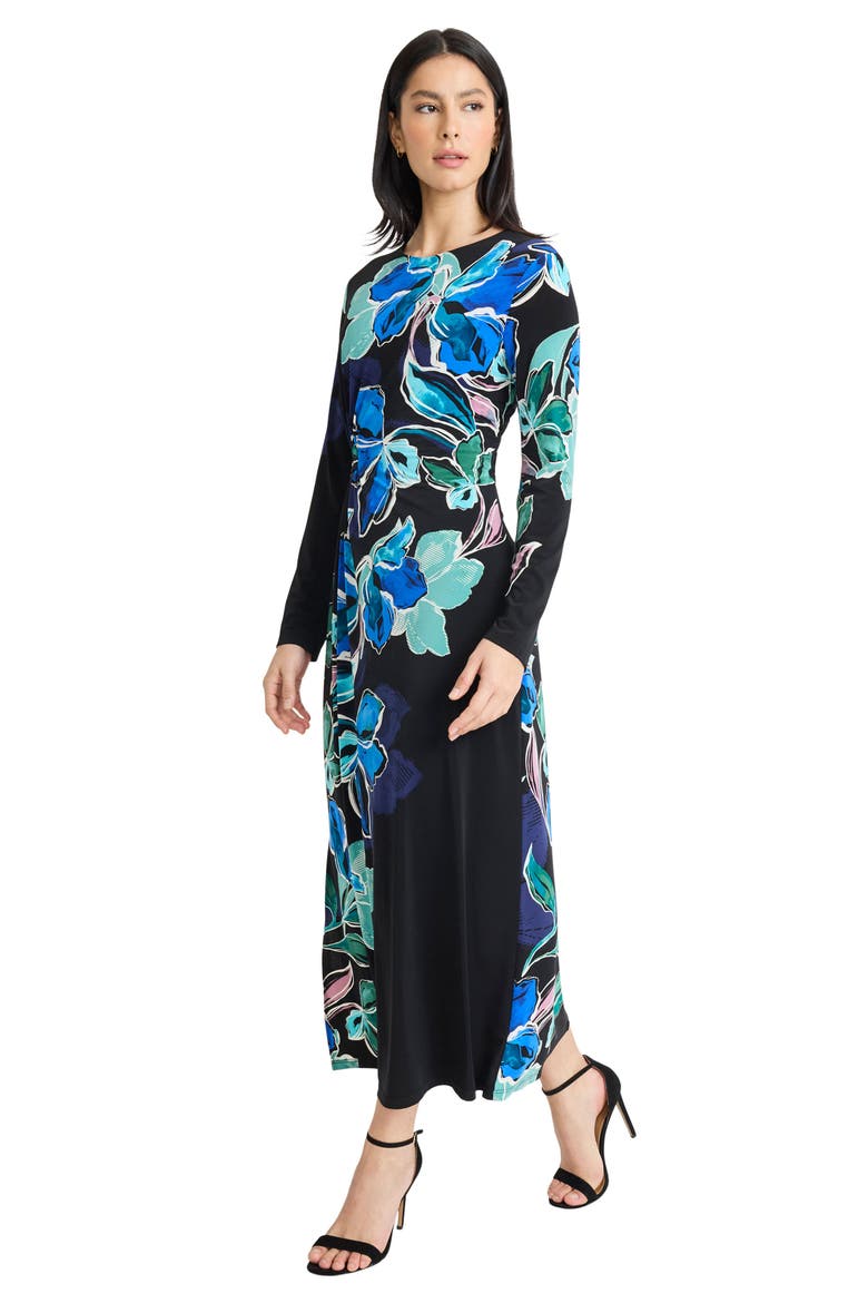 Floral Long Sleeve Midi Dress, Alternate, color, BLACK/ GREEN