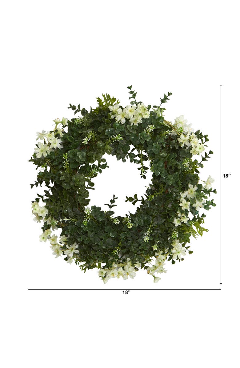 NEARLY NATURAL 18-in Eucalyptus and Dancing Daisy Double Ring Artificial Wreath with Twig Base, Alternate, color, Green