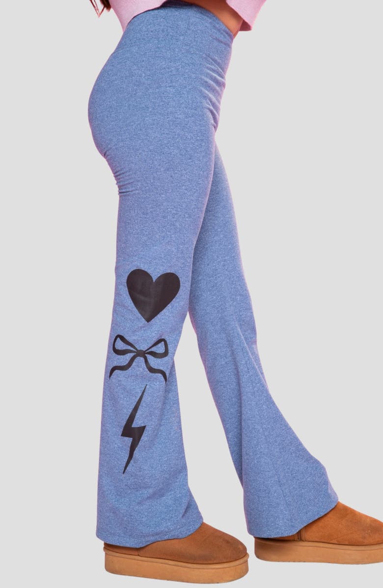 PixieLane Kids' Soft Luxe Flare Leggings, Alternate, color, Vintage Denim Elements