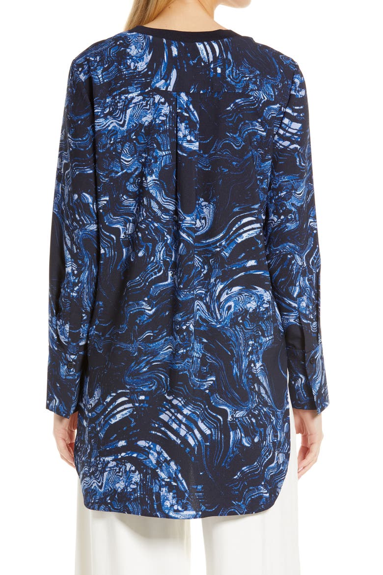 Rib Trim Woven Top, Alternate, color, NAVY- BLUE WOODLAND MARBLE