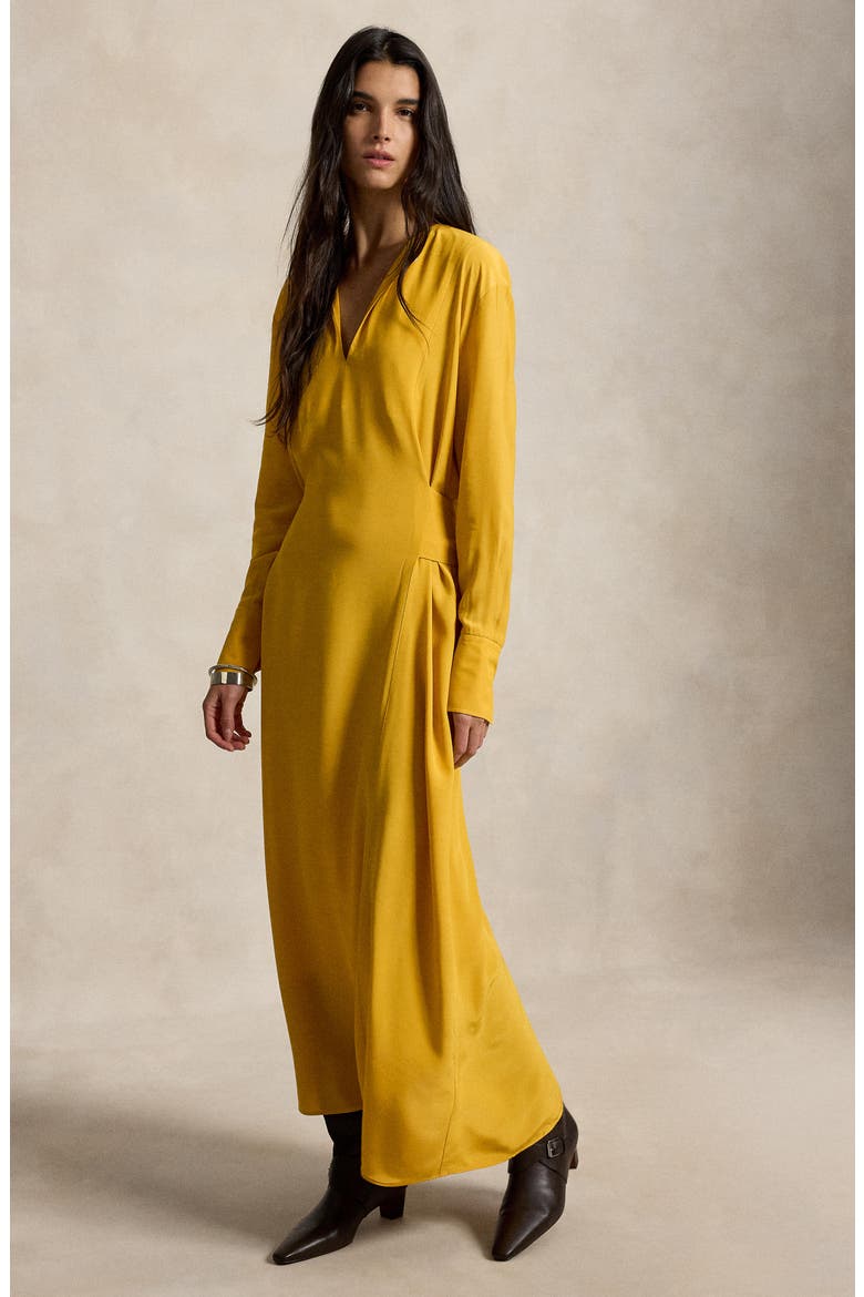 Split Neck Long Sleeve Gown, Alternate, color, GOLDEN YELLOW