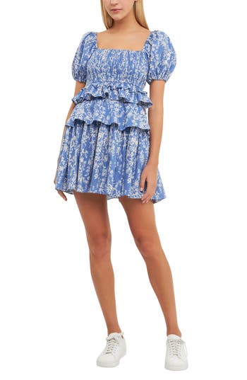 Free The Roses Floral Smocked Tiered Minidress In Blue