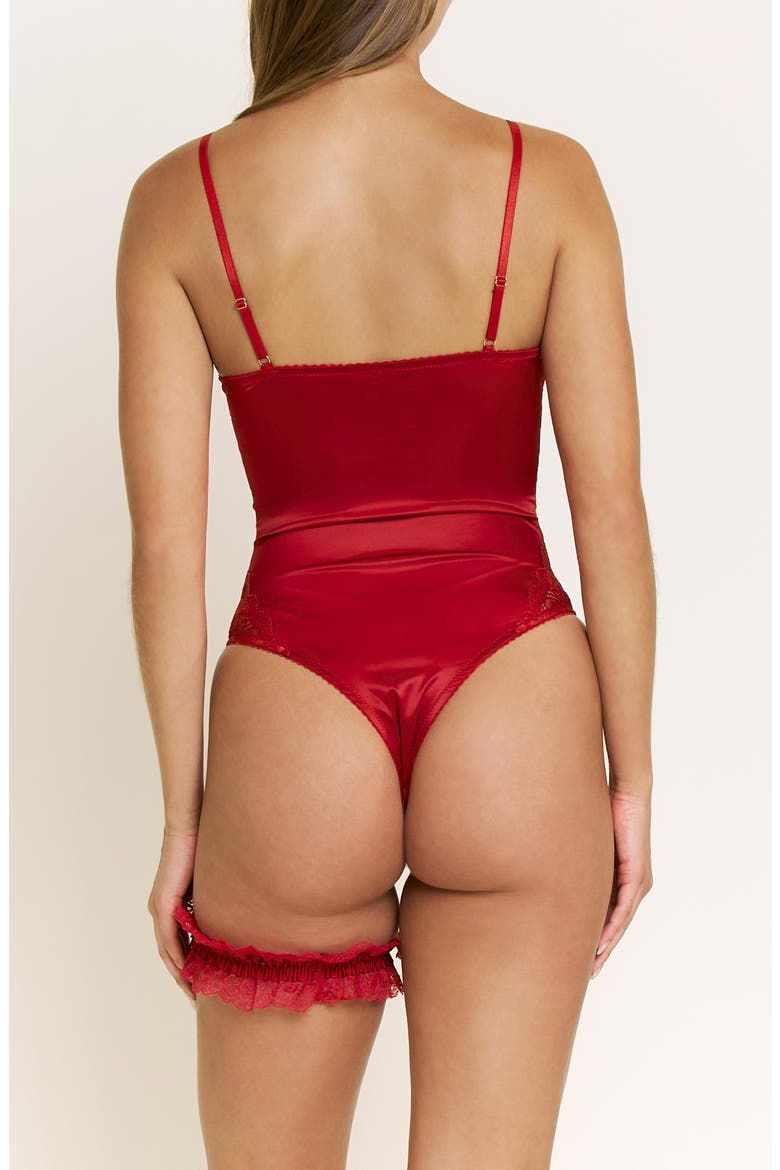 Garden of Eden Lace Trim Satin Bodysuit & Garter Set, Alternate, color, CHERRY