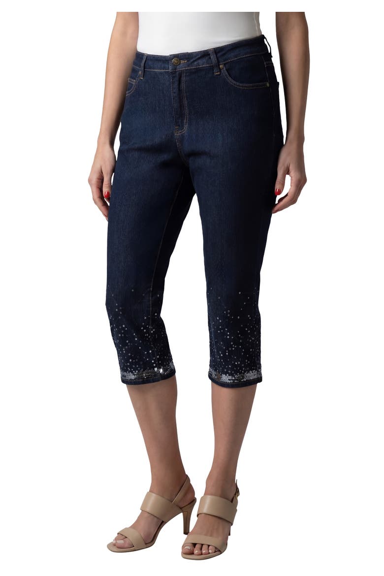 Plus Size Sequin Trim Straight Leg Capri Jean, Main, color, DARK WASH SILVER SEQUIN TRIM