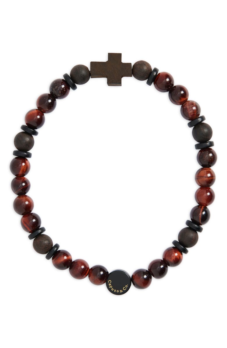 Caputo & Co. Men's Azabache Cross Beaded Stretch Bracelet, Main, color, Red Tiger Eye