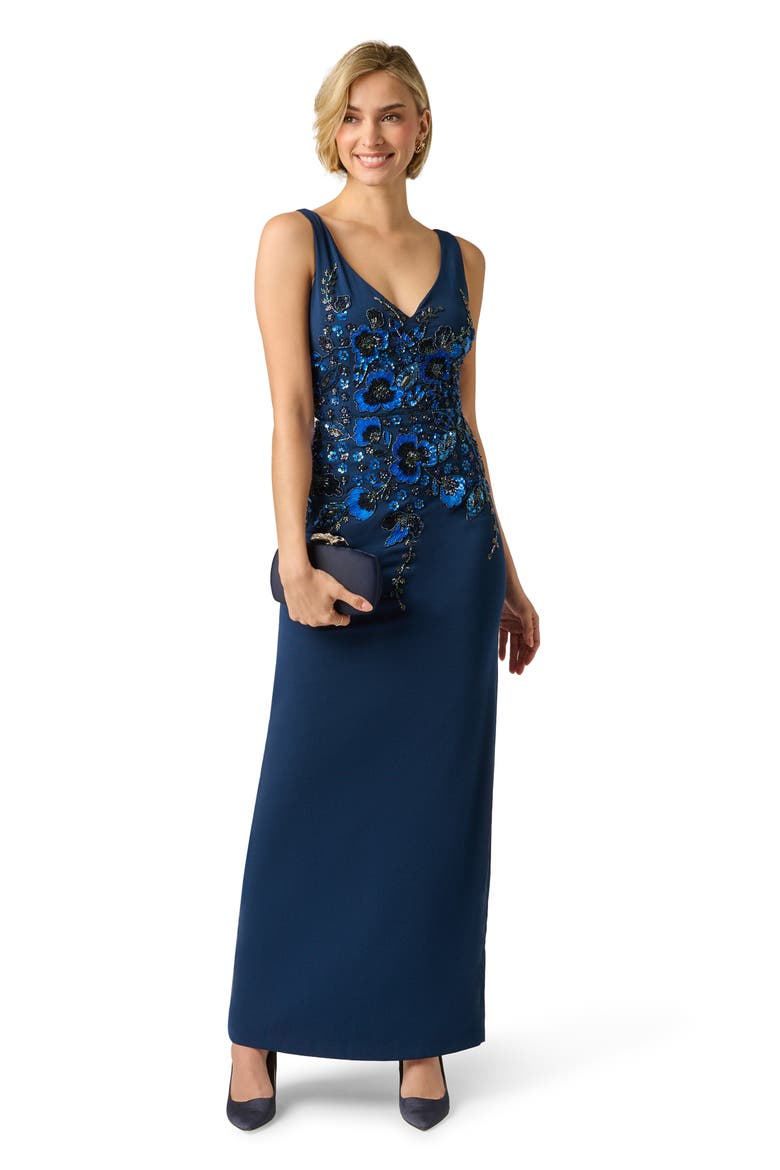 Beaded Crepe Column Gown, Alternate, color, LIGHT NAVY