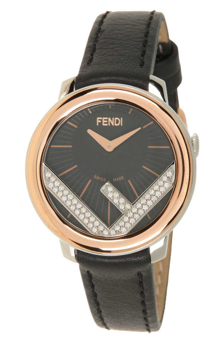 Fendi Run Away Diamond Embellished Leather Strap Watch, 28mm, Main, color, Two Tone