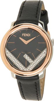 Fendi Run Away Diamond Embellished Leather Strap Watch, 28mm