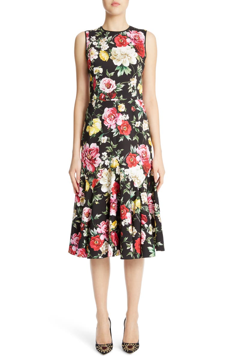 Dolce&Gabbana Floral Print Flare Hem Dress, Main, color, Black