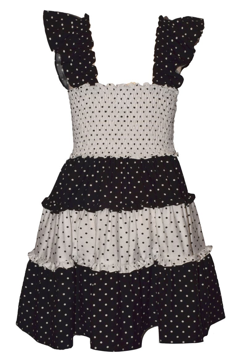 Kids' Smocked Polka Dot Tiered Dress, Alternate, color, BLACK/ WHITE