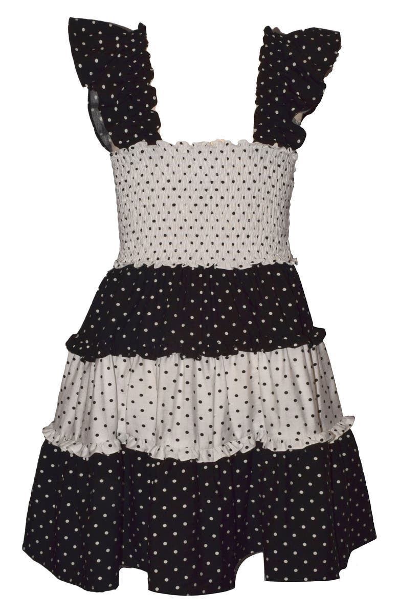 Iris & Ivy Kids' Smocked Polka Dot Tiered Dress, Alternate, color, Black/ White
