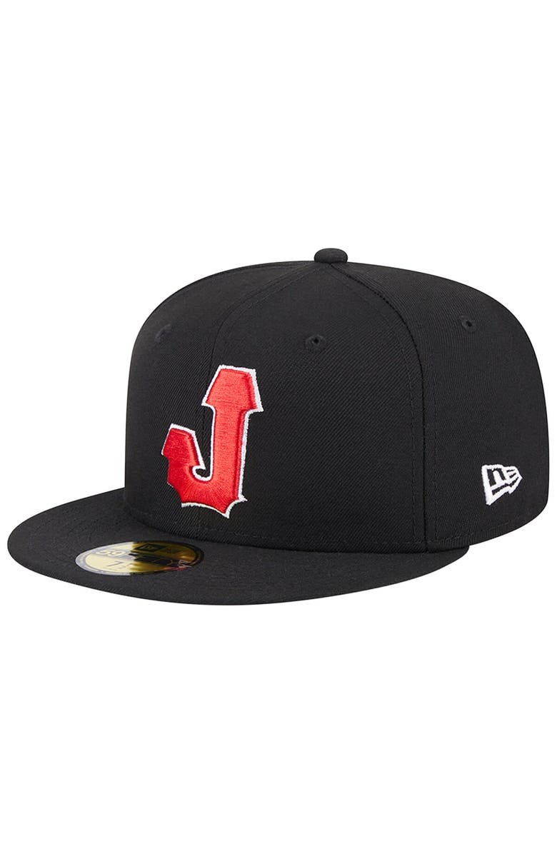 New Era Men's New Era Black Jacksonville Jumbo Shrimp Theme Nights Red Caps 59FIFTY Fitted Hat, Main, color,