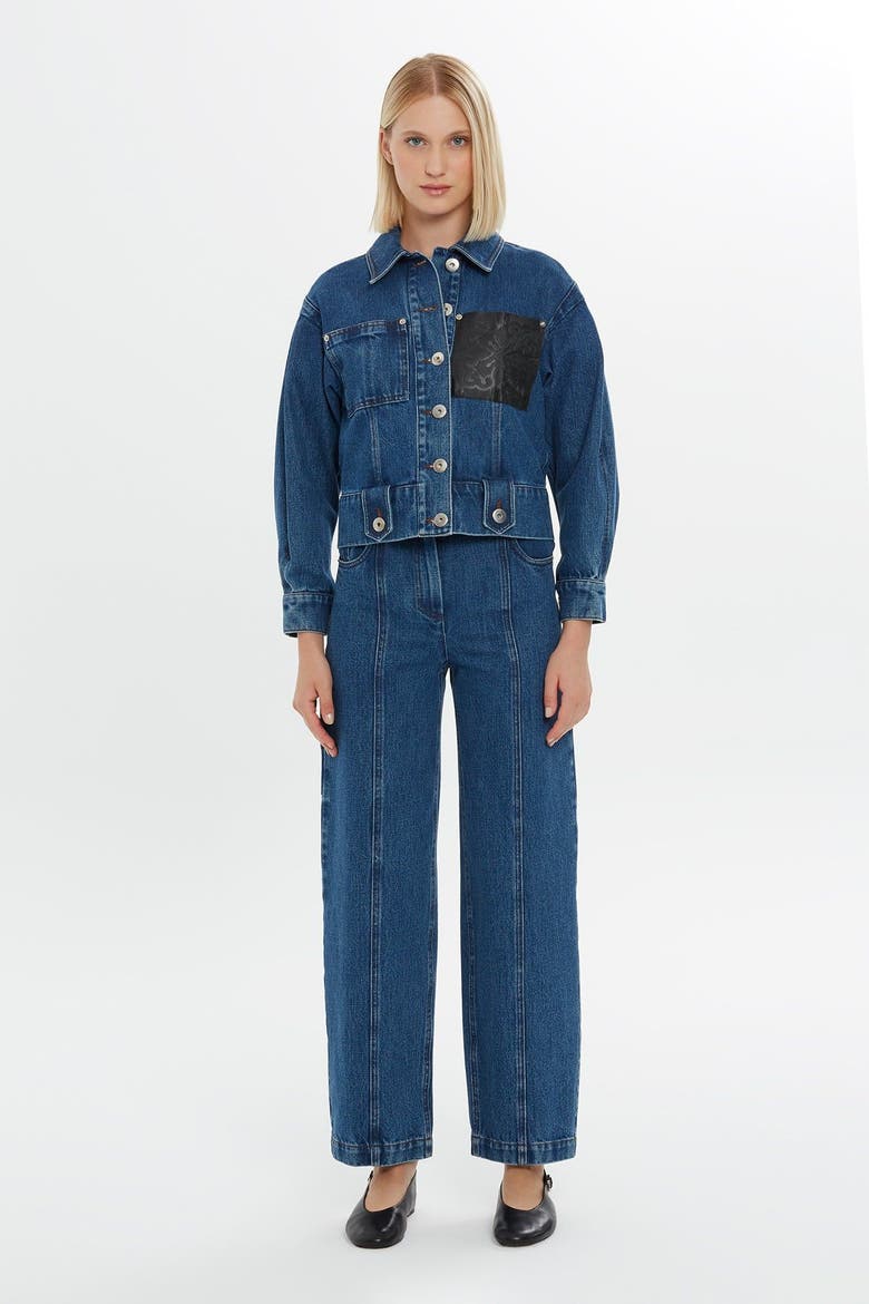 Cropped Denim Jacket with Leather Details, Main, color, Navy