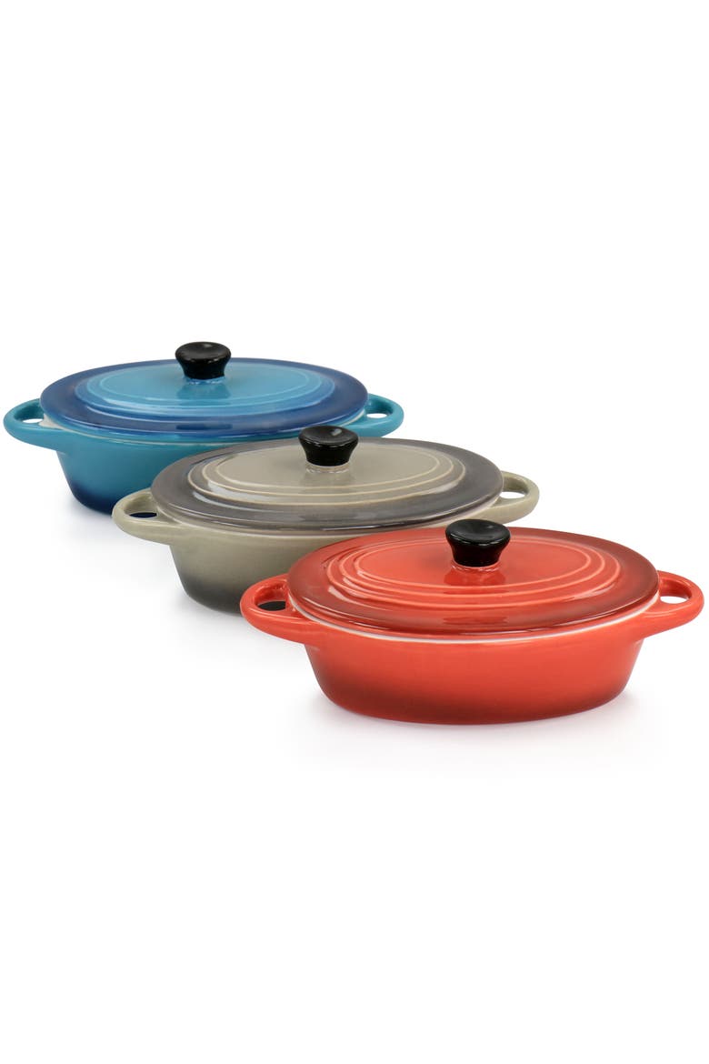 Wexford 3 Piece 6.7oz Stoneware Mini Oval Casserole Set, Alternate, color, Blue