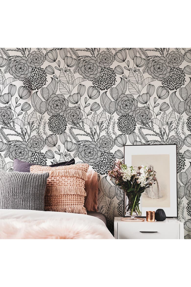 Black Secret Garden Peel & Stick Wallpaper, Alternate, color, BLACK