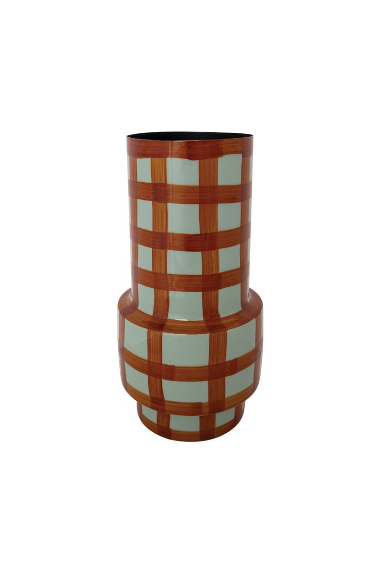 Grid Pattern Enameled Iron Vase, Main, color, Light Blue and Rust Color