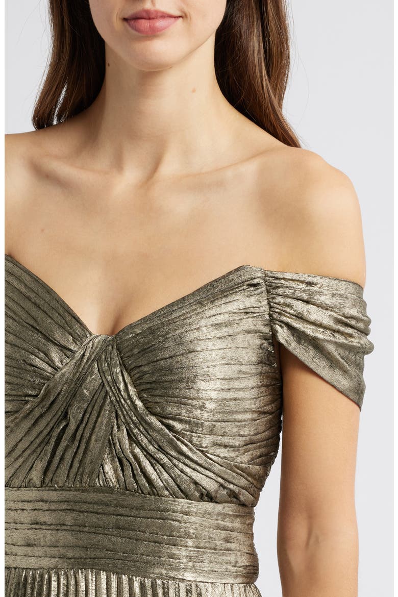 Metallic Off the Shoulder Pleated Gown, Alternate, color, GOLD