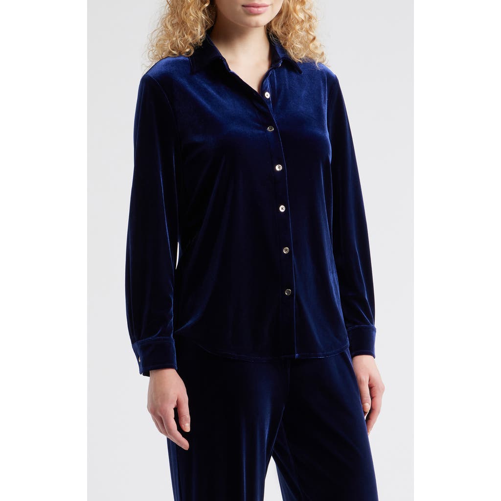 Ak Anne Klein Long Sleeve Velvet Button-up Shirt In Blue