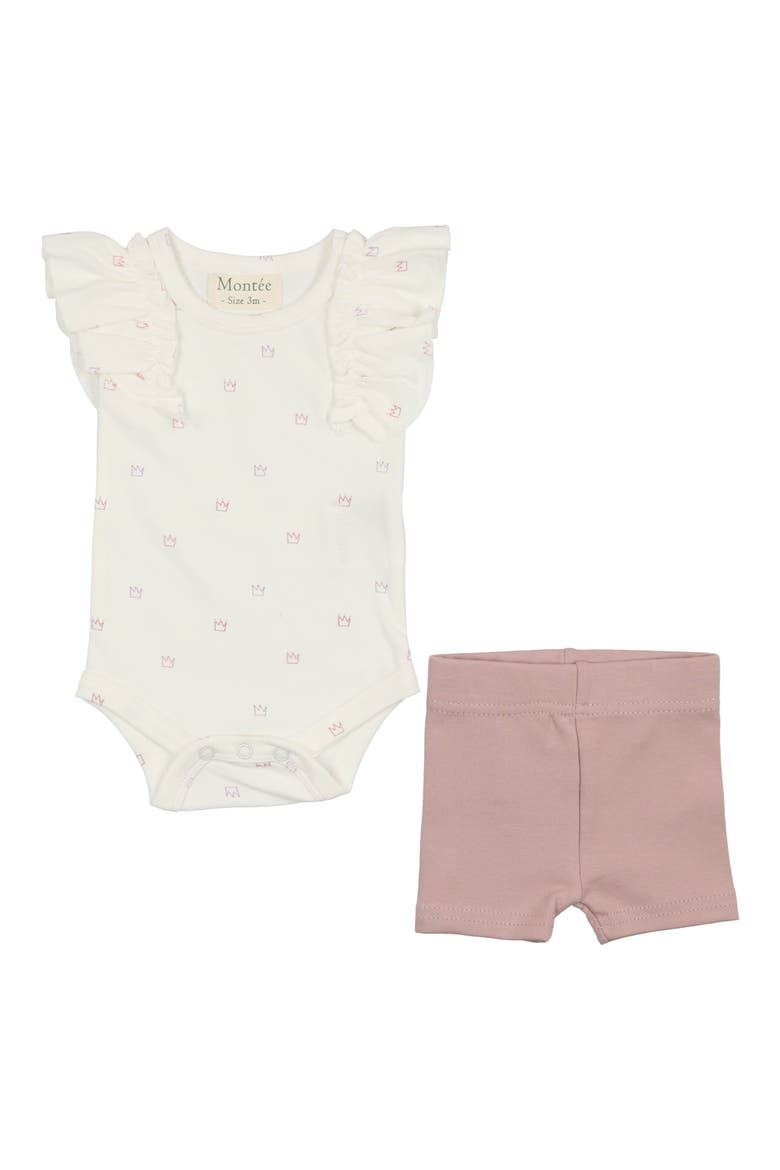 Kids' Flutter Sleeve Bodysuit & Shorts Set, Main, color, CROWN/ BERRY