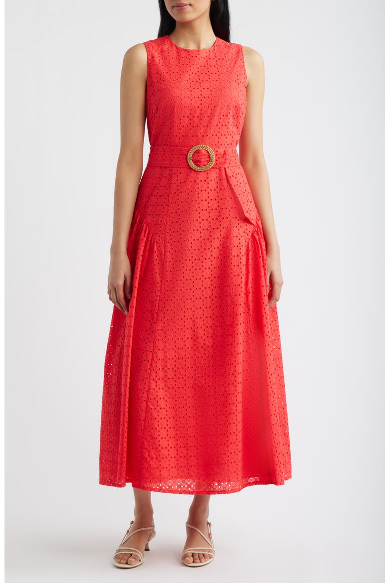 Eyelet Belted Sleeveless Maxi Dress, Main, color, CORAL