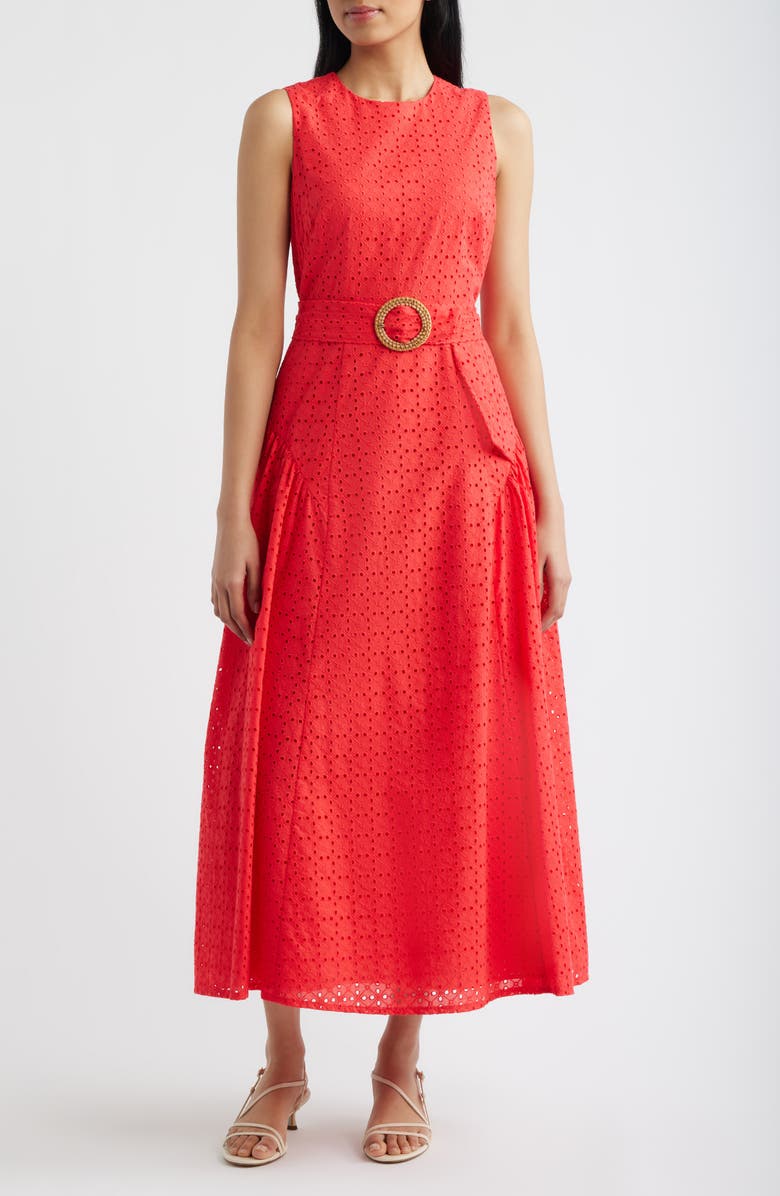 Eliza J Eyelet Belted Sleeveless Maxi Dress, Main, color, Coral