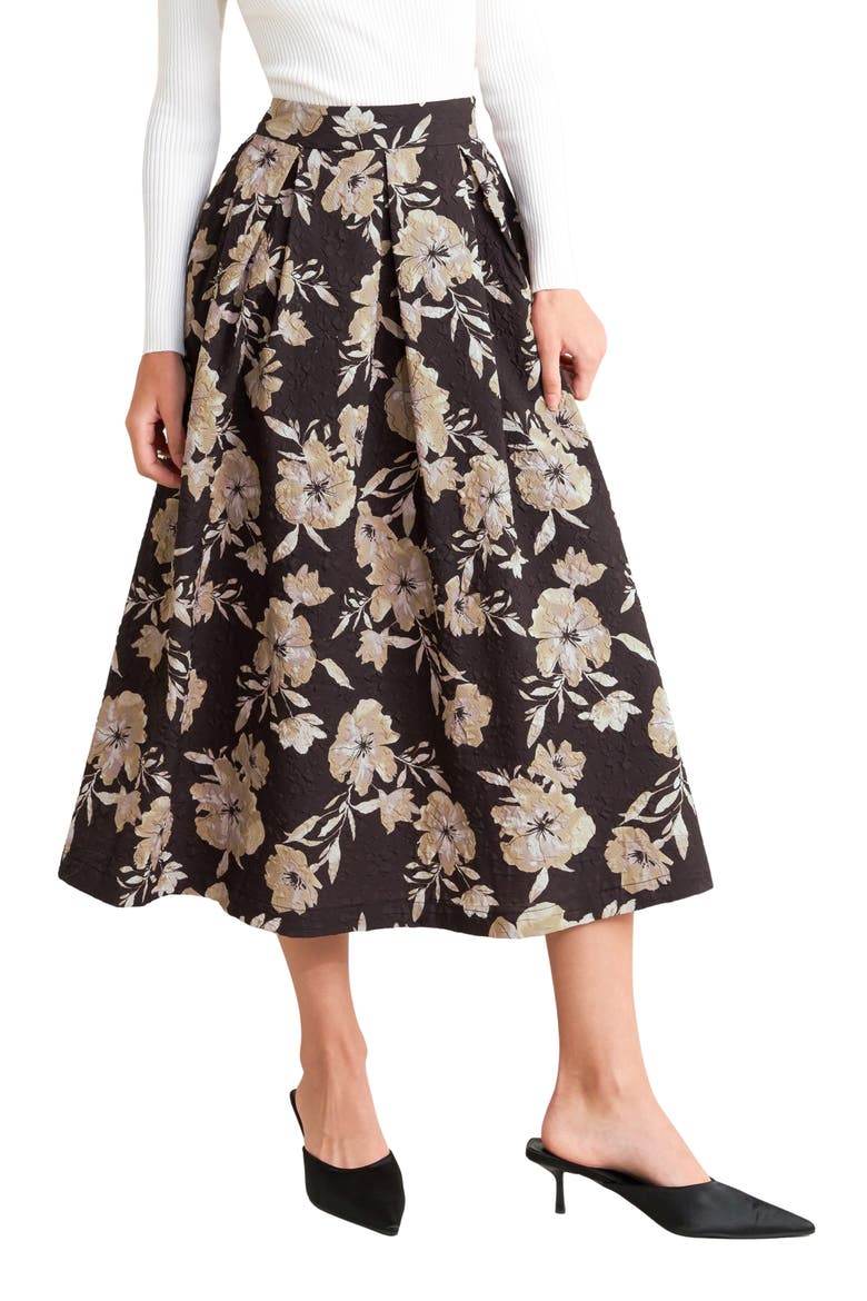 Textured Floral Midi Skirt, Main, color, DARK BROWN