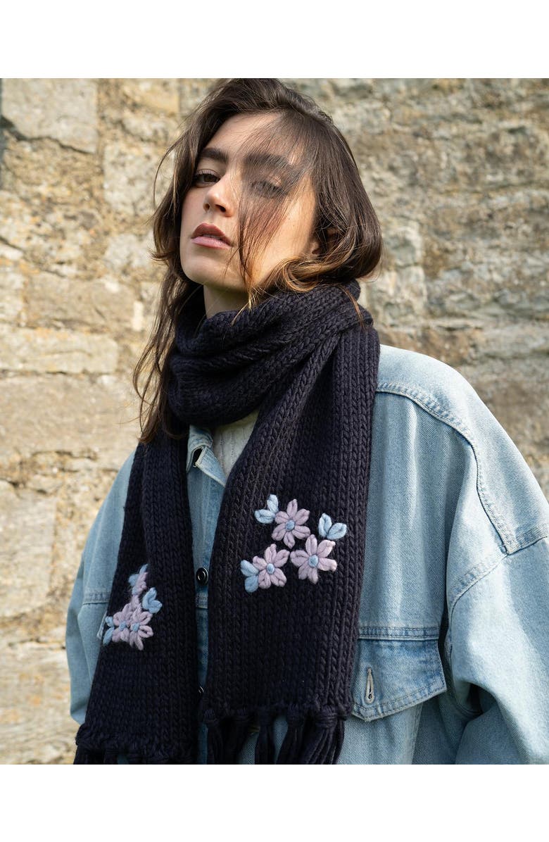 Fable England Forget-Me-Not Knitted Scarf, Alternate, color, Navy