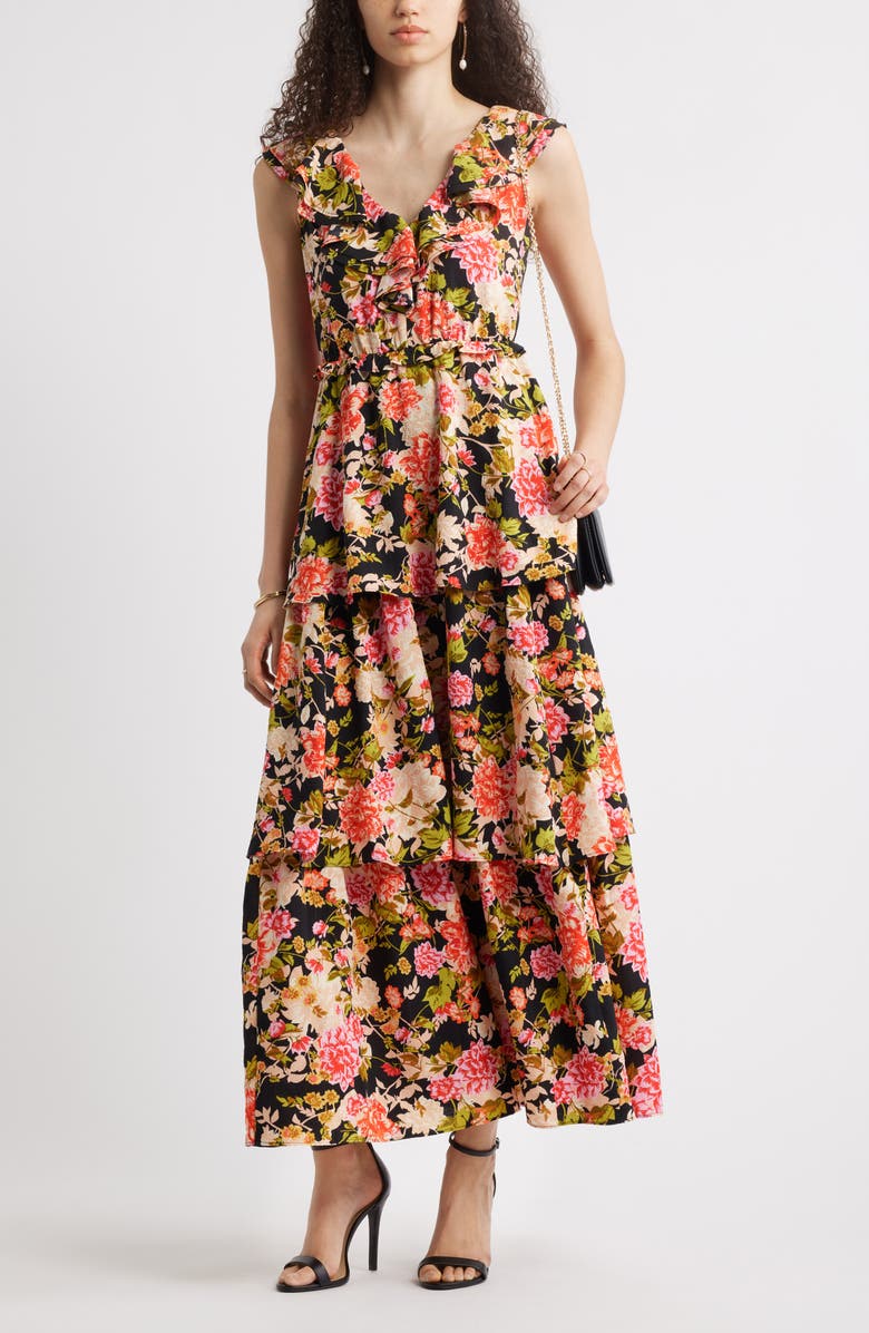Chelsea28 Ruffle Neck Tiered Maxi Dress, Alternate, color, Black- Multi Verano Bloom