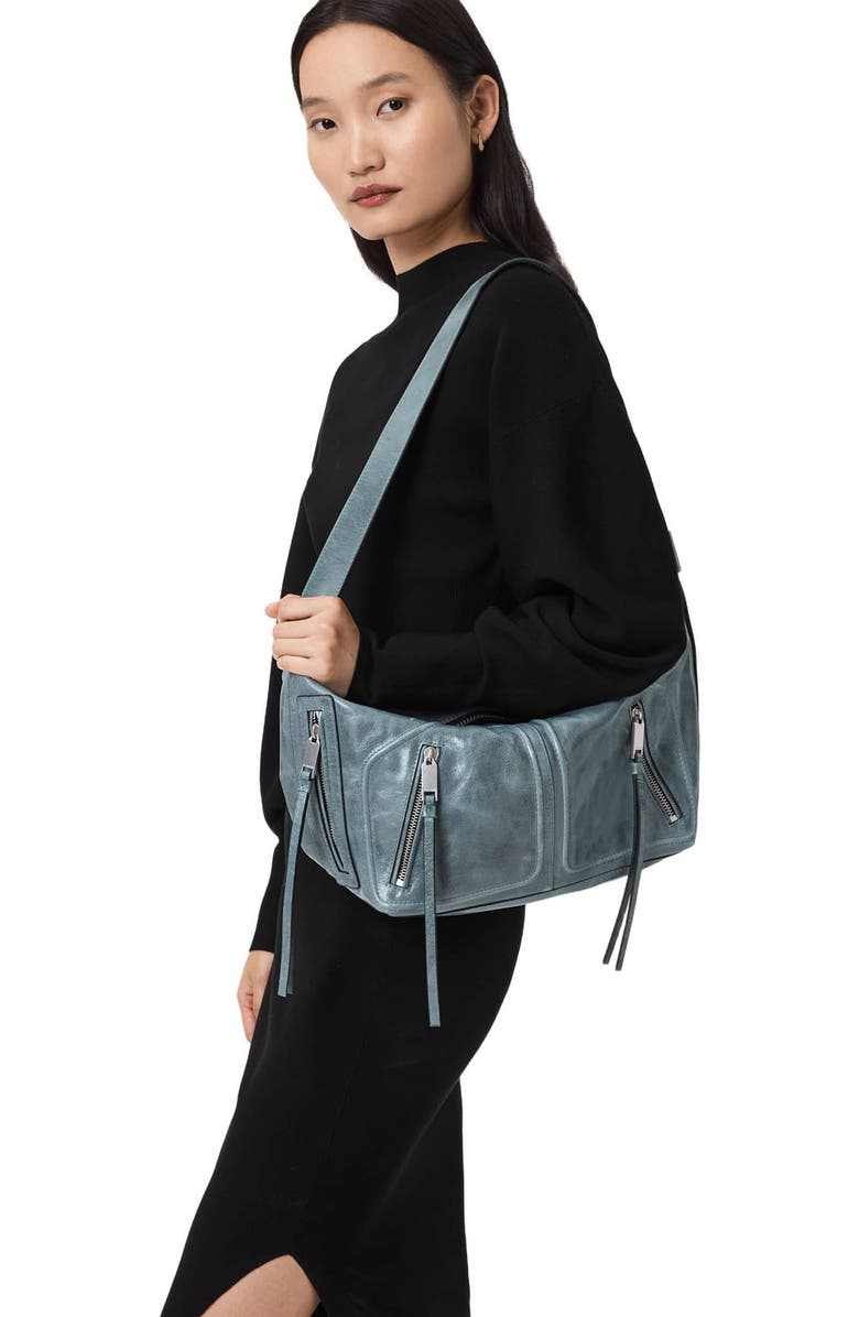 AllSaints Jean Ray Leather Shoulder Bag, Alternate, color, Cement Blue