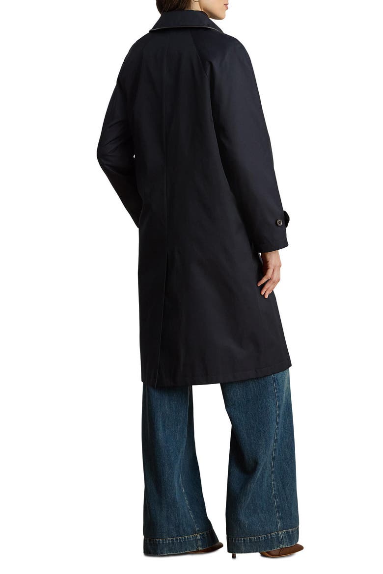 Balmacaan Single Breasted Raincoat with Faux Leather Trim, Alternate, color, DK NAVY