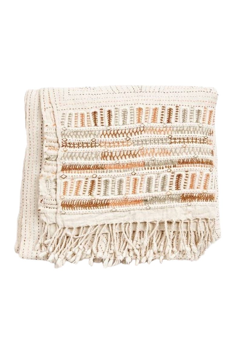 Unah Coral Fully Hand Embroidered Handwoven Organic Cotton Throw, Alternate, color, Brown
