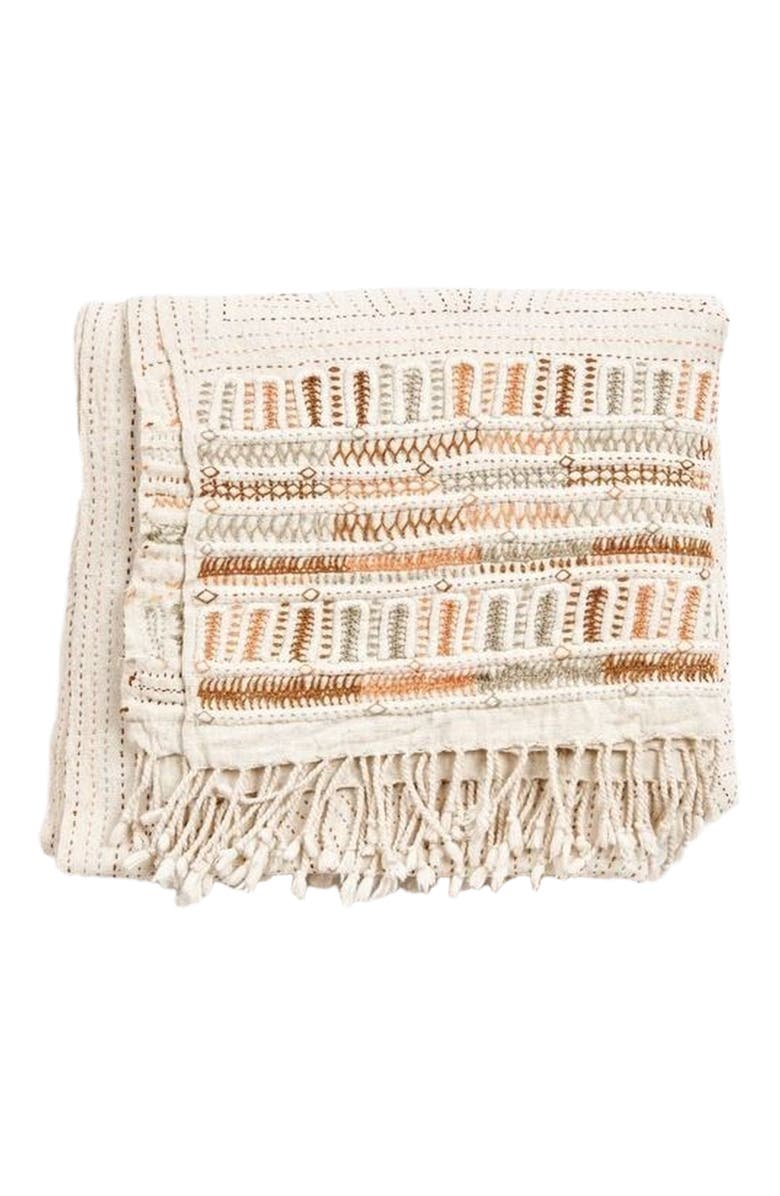 Studio Variously Unah Coral Fully Hand Embroidered Handwoven Organic Cotton Throw, Alternate, color, Brown